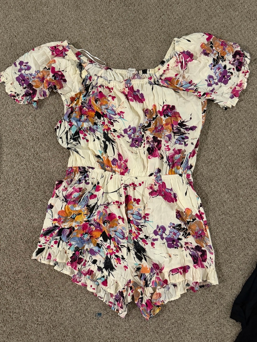Umgee Cream Floral Off-Shoulder Romper with Pink & Orange Accents